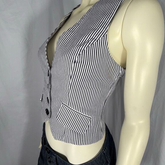Vintage Y2K Black & White Striped Button-Down Vest – Tailored Fitted Waistcoat - Picture 2 of 12